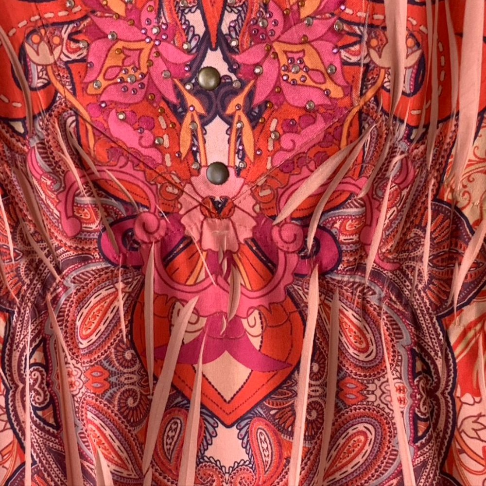 APT 9 Swoop Neck Orange/Red Pattern Boho Shirt, 1X, Dye sublimation, loose, flow - Picture 6 of 13